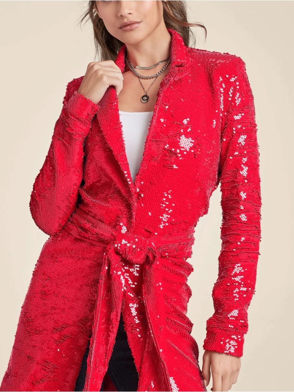 VENUS Red Sequin Tie-Waist Trench Coat